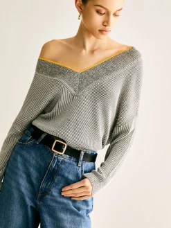 V-Neck Two-Tone Rib Knit Top