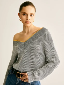 V-Neck Two-Tone Rib Knit Top