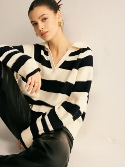 V-Neck Two-Tone Striped Polo Sweater