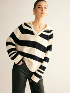 V-Neck Two-Tone Striped Polo Sweater