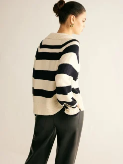V-Neck Two-Tone Striped Polo Sweater