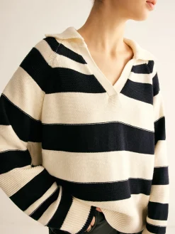 V-Neck Two-Tone Striped Polo Sweater
