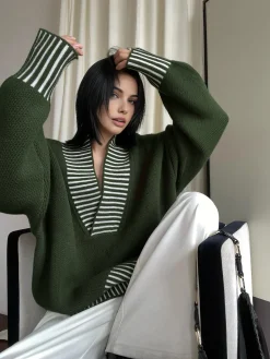 V-Neck Two-Tone Striped Sweater