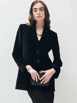 V-Neck Velvet Button Blazer