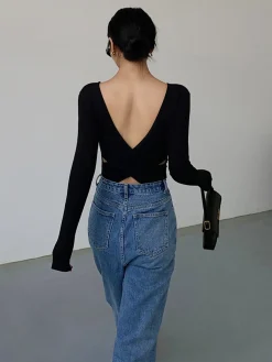 V-Shape Open Back Long Sleeve Shirt