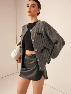 Wave Trim Bow Breasted Cardigan