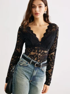 Wave Trim Lace Panel Bodysuit