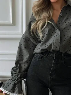 Women Heart Print Button Down Shirt