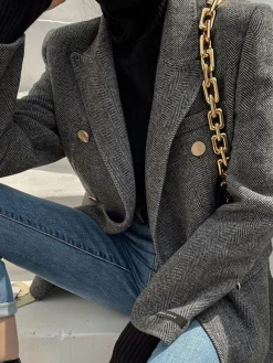 Wool-Blend Chevron Tweed Fit Blazer