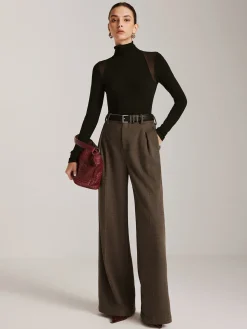 Wool-Blend Chevron Wide-Leg Pants Without Belt