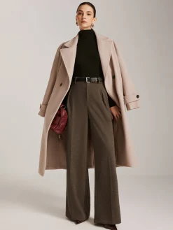 Wool-Blend Chevron Wide-Leg Pants Without Belt