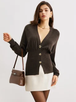 Wool-Blend Cinched Button Knit Outerwear