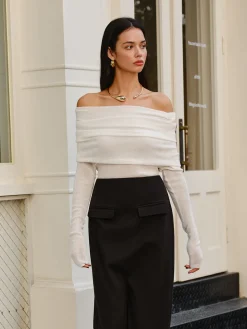 Wool-Blend Cold-Shoulder Ruched Knit Top