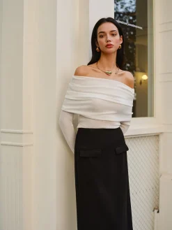 Wool-Blend Cold-Shoulder Ruched Knit Top