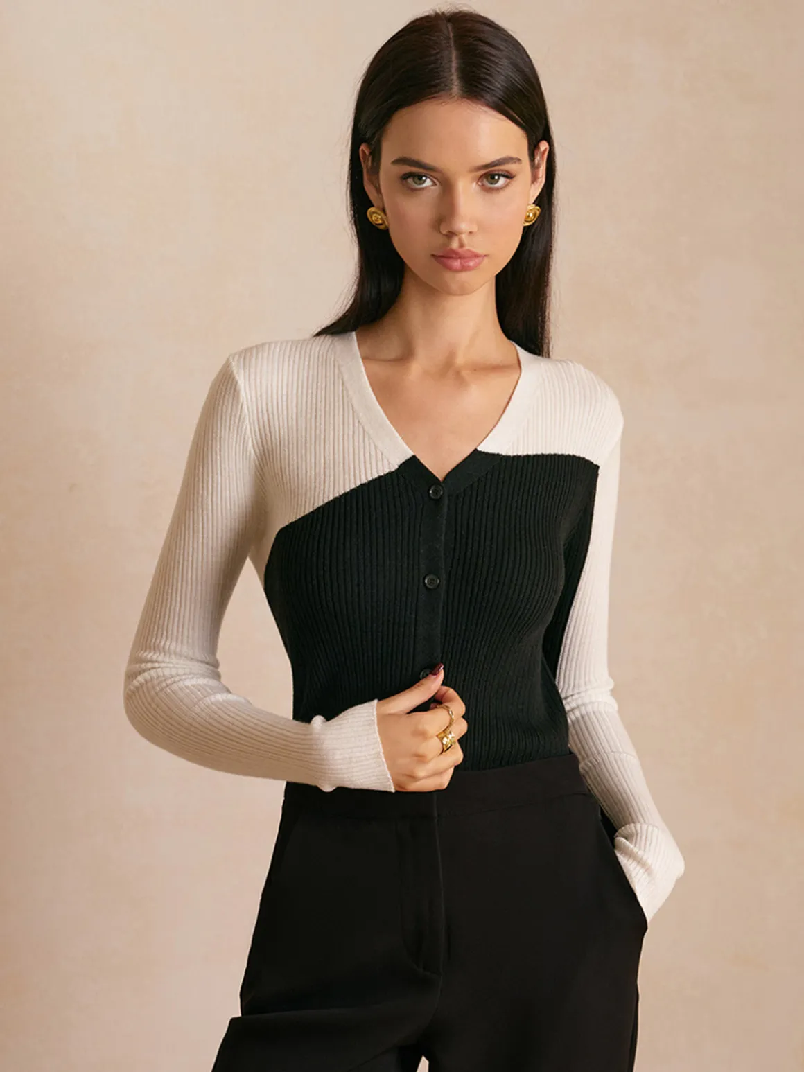 Wool-Blend Color Block Slim Cardigan