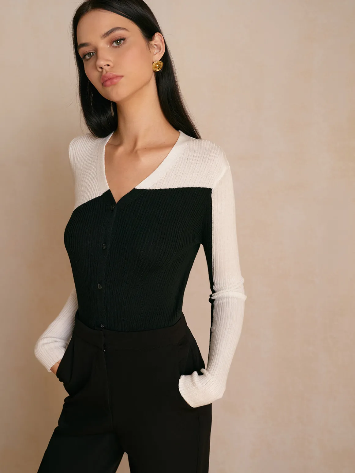 Wool-Blend Color Block Slim Cardigan