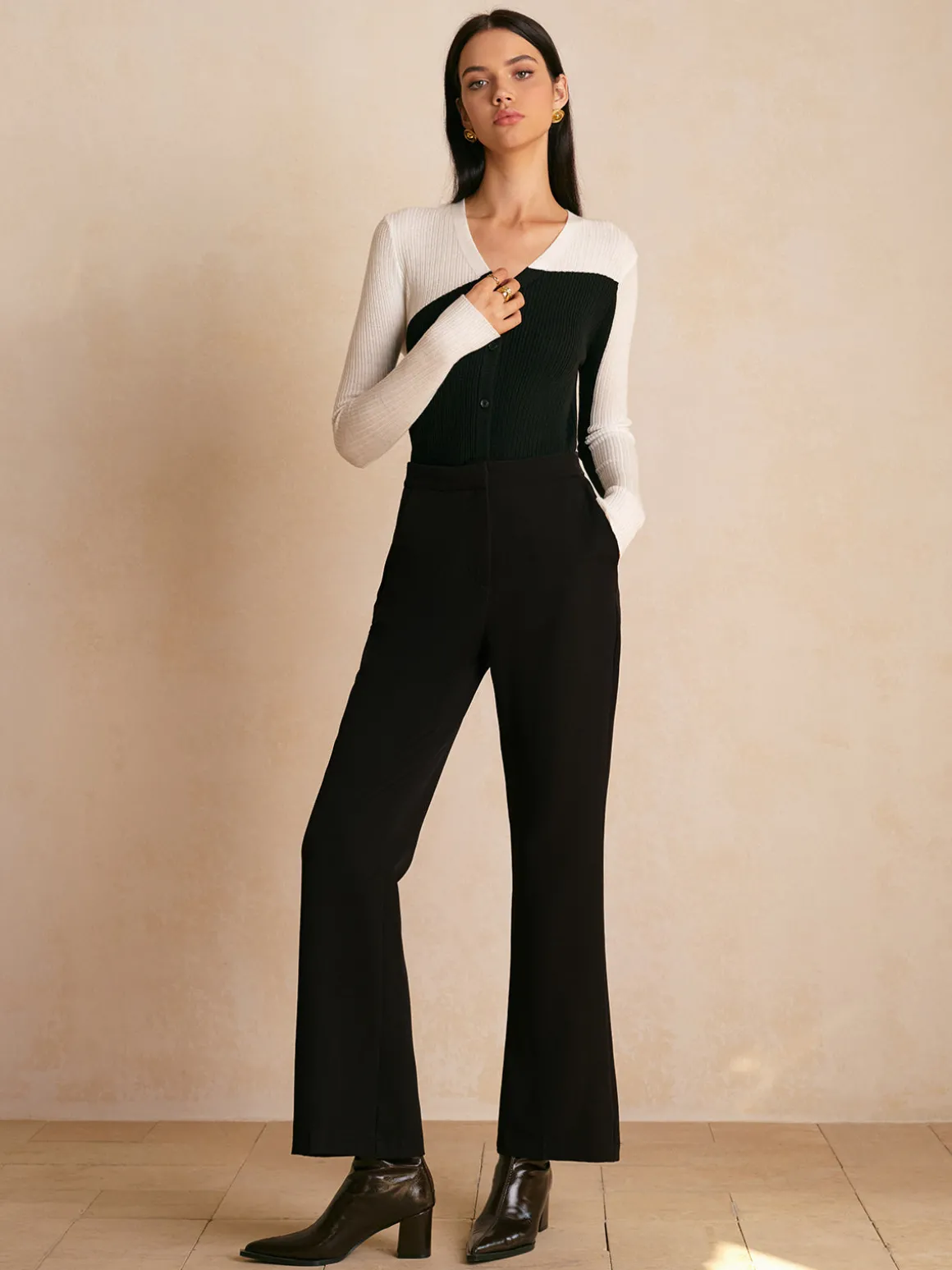 Wool-Blend Color Block Slim Cardigan