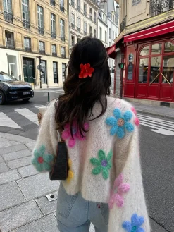 Wool-Blend Colorful Flower Cardigan