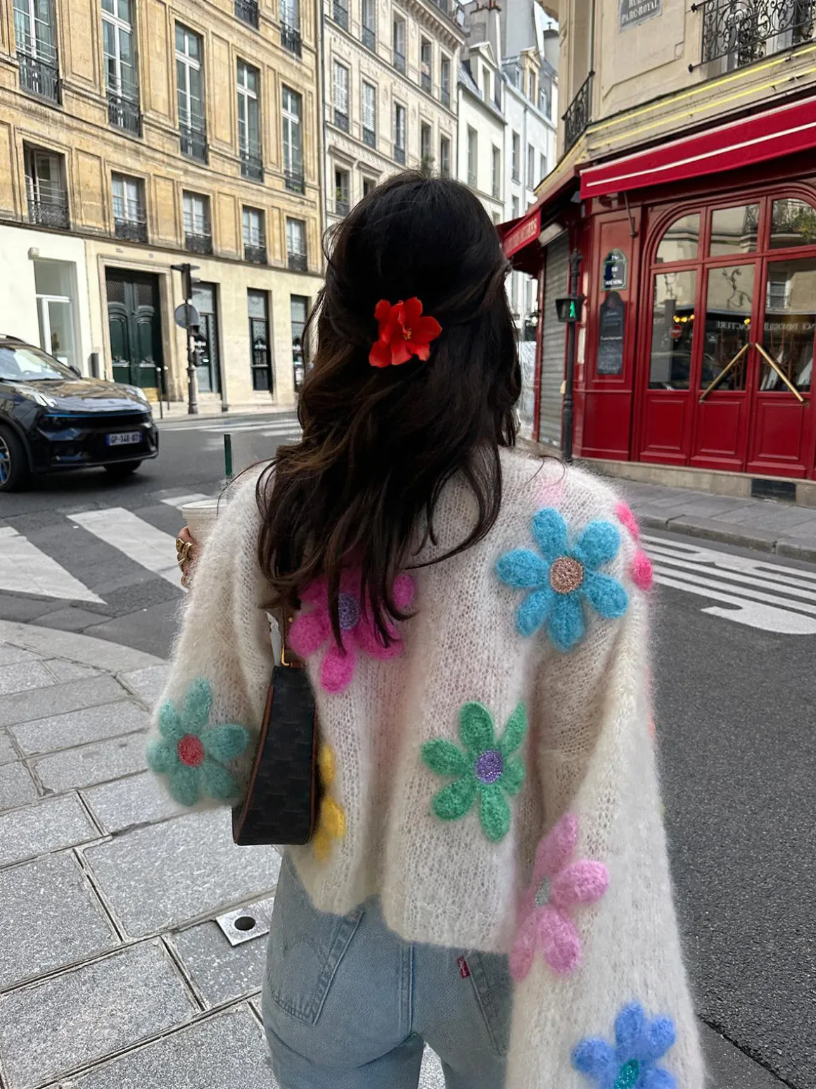 Wool-Blend Colorful Flower Cardigan