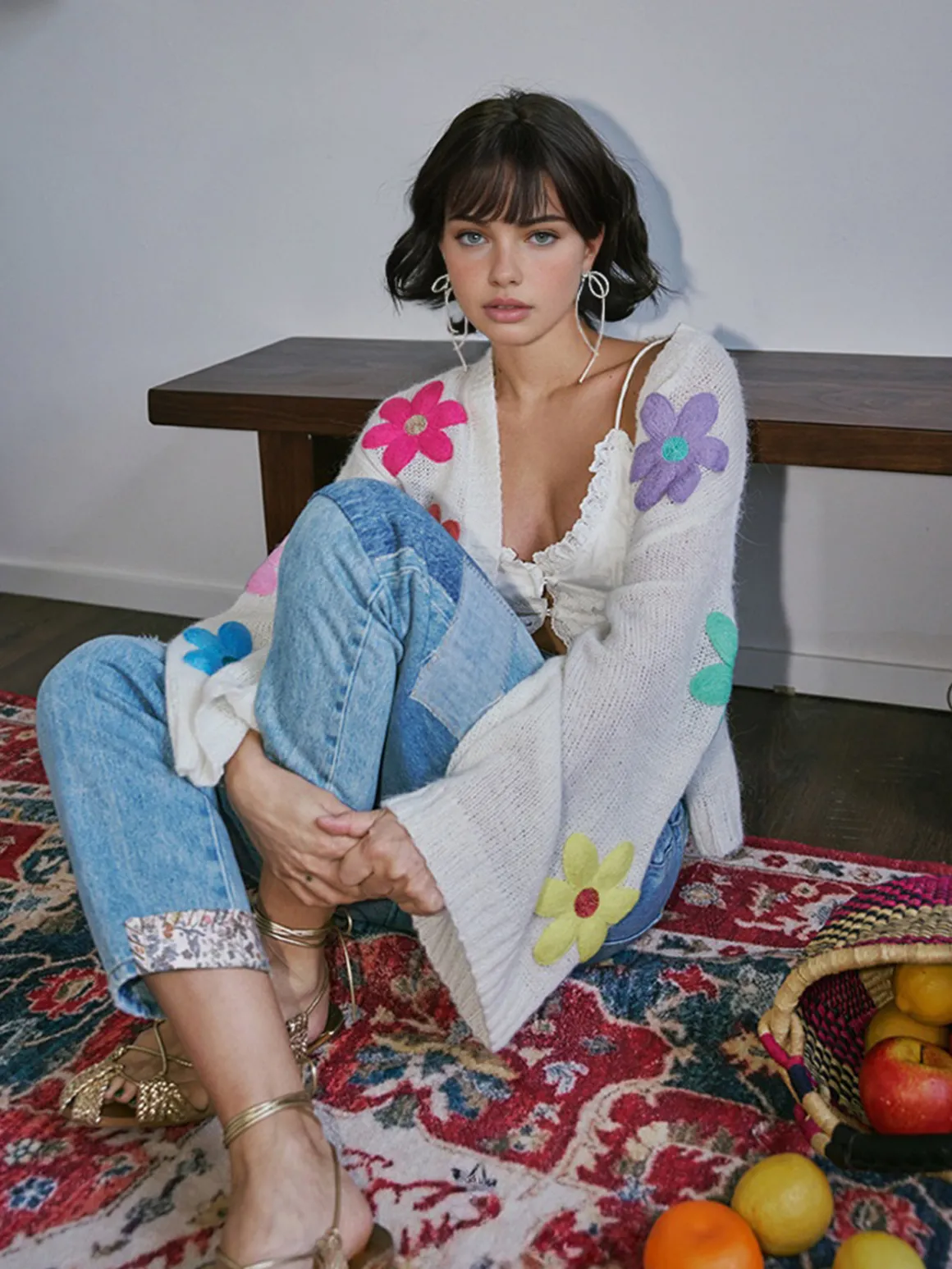 Wool-Blend Colorful Flower Cardigan