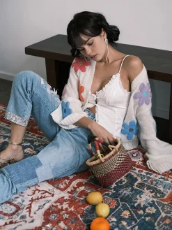 Wool-Blend Colorful Flower Cardigan
