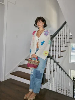 Wool-Blend Colorful Flower Cardigan