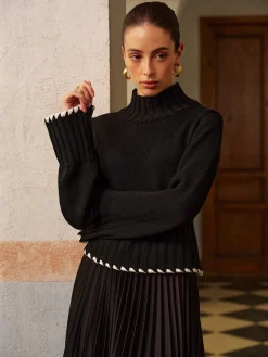 Wool-Blend Contrast Binding Ribbed Knit Top