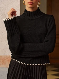 Wool-Blend Contrast Binding Ribbed Knit Top