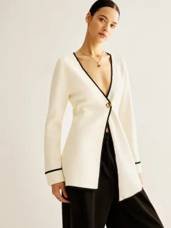 Wool-Blend Contrast Trim Slit Cardigan