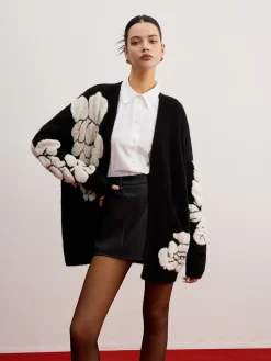 Wool-Blend Knit-Floral Cardigan