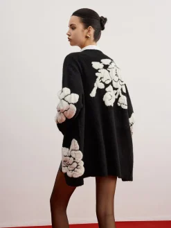 Wool-Blend Knit-Floral Cardigan