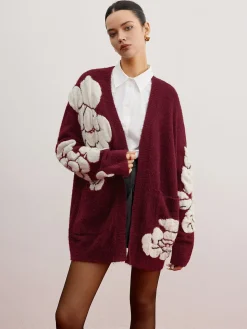 Wool-Blend Knit-Floral Cardigan