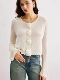 Wool-Blend Lettuce Trim 3D Flower Cardigan