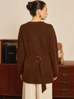Wool-Blend Metal-Button Belted Cardigan