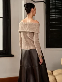 Wool-Blend Plain Off-Shoulder Sweater