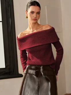 Wool-Blend Plain Off-Shoulder Sweater
