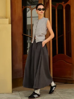 Wool-Blend Pockets Pleated Skirt
