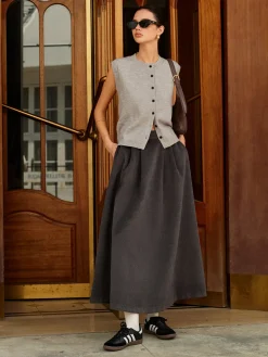Wool-Blend Pockets Pleated Skirt