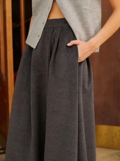 Wool-Blend Pockets Pleated Skirt
