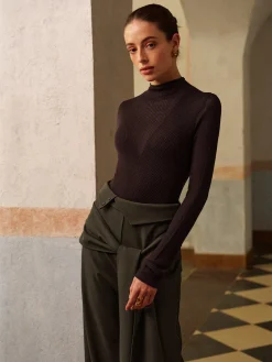 Wool-Blend Semi-Sheer Ribbed Knit Top