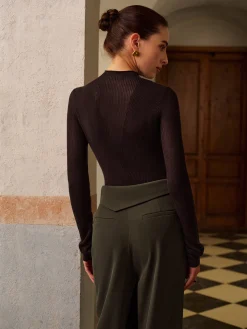 Wool-Blend Semi-Sheer Ribbed Knit Top