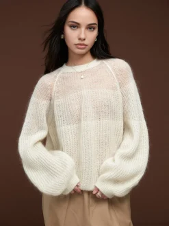 Wool-Blend Semi-Sheer Shift Knit Top