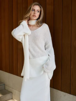 Wool-Blend Semi-Sheer Sweater With Scarf