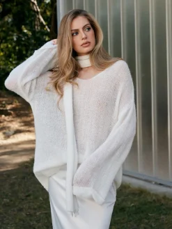 Wool-Blend Semi-Sheer Sweater With Scarf