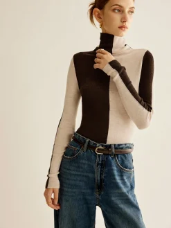 Wool-Blend Turtleneck Color Block Knit Top