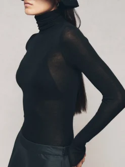 Wool-Blend Turtleneck Sheer Sweater