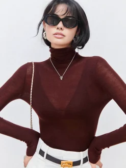Wool-Blend Turtleneck Sheer Sweater