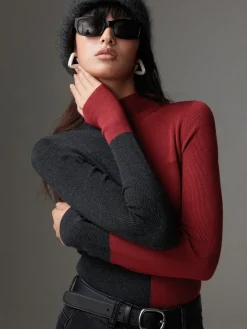 Wool-Blend Two Tone Skinny Knit Top