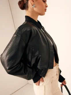 Zip Pockets PU Leather Short Jacket