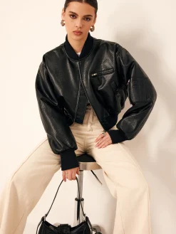 Zip Pockets PU Leather Short Jacket